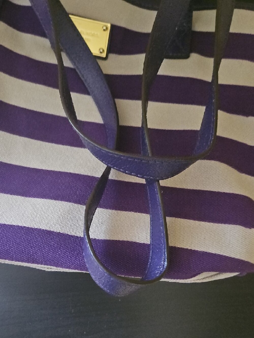 Michael Kors Striped Purple and Cream Tote with Gold-Tone Plaque - Picture 7 of 15
